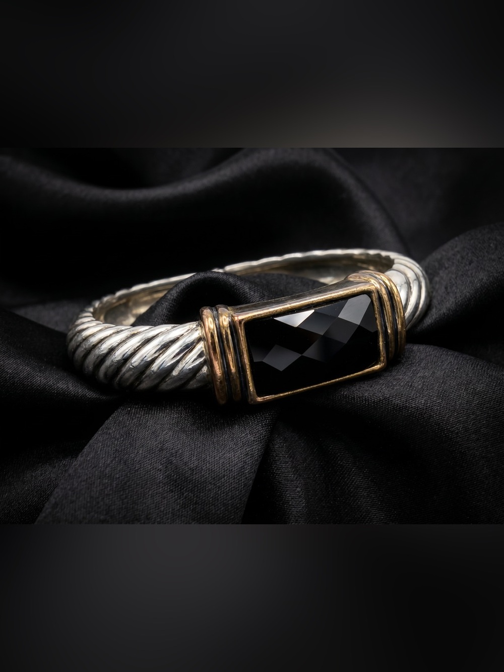 Silver & Gold Tone Hinged Cuff Bracelet Black Faceted Stone
